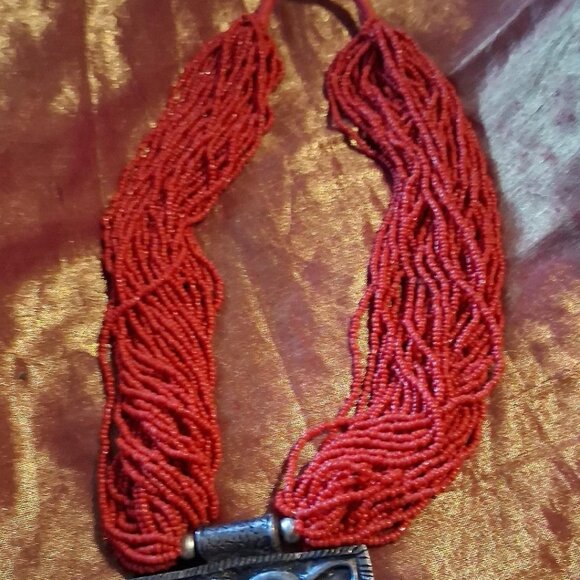 Vtg Tribal Multi Strand Seed Bead Necklace with Large Silver Pendant - Defective - Picture 3 of 5